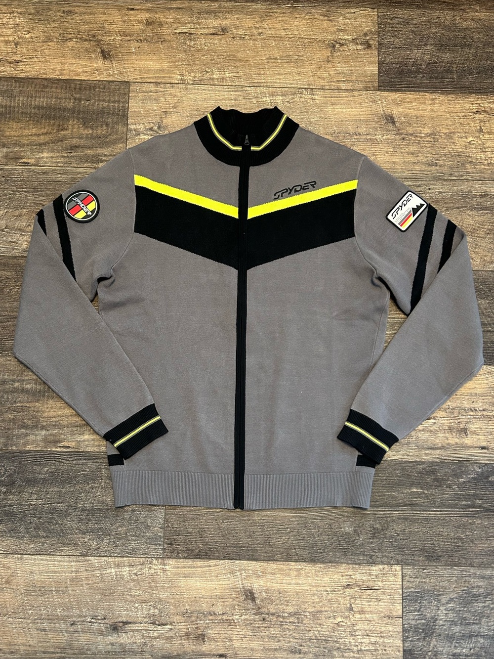 Rare SPYDER Garmisch Ski Sweater Gray Black Lime Full Zip Men’s Large